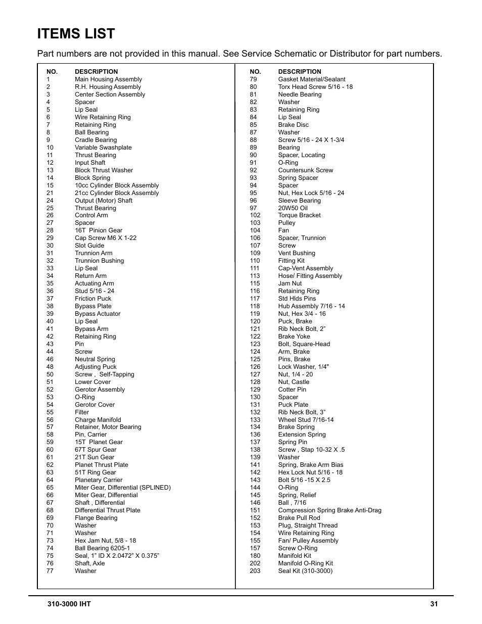 Items list | Cub Cadet 310-3000 User Manual | Page 35 / 40