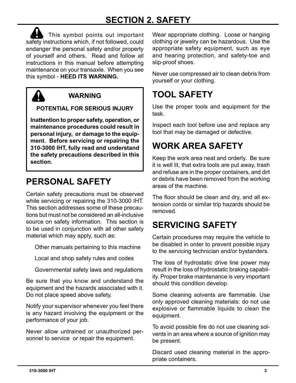 Tool safety, Work area safety, Servicing safety | Cub Cadet 310-3000 User Manual | Page 7 / 40