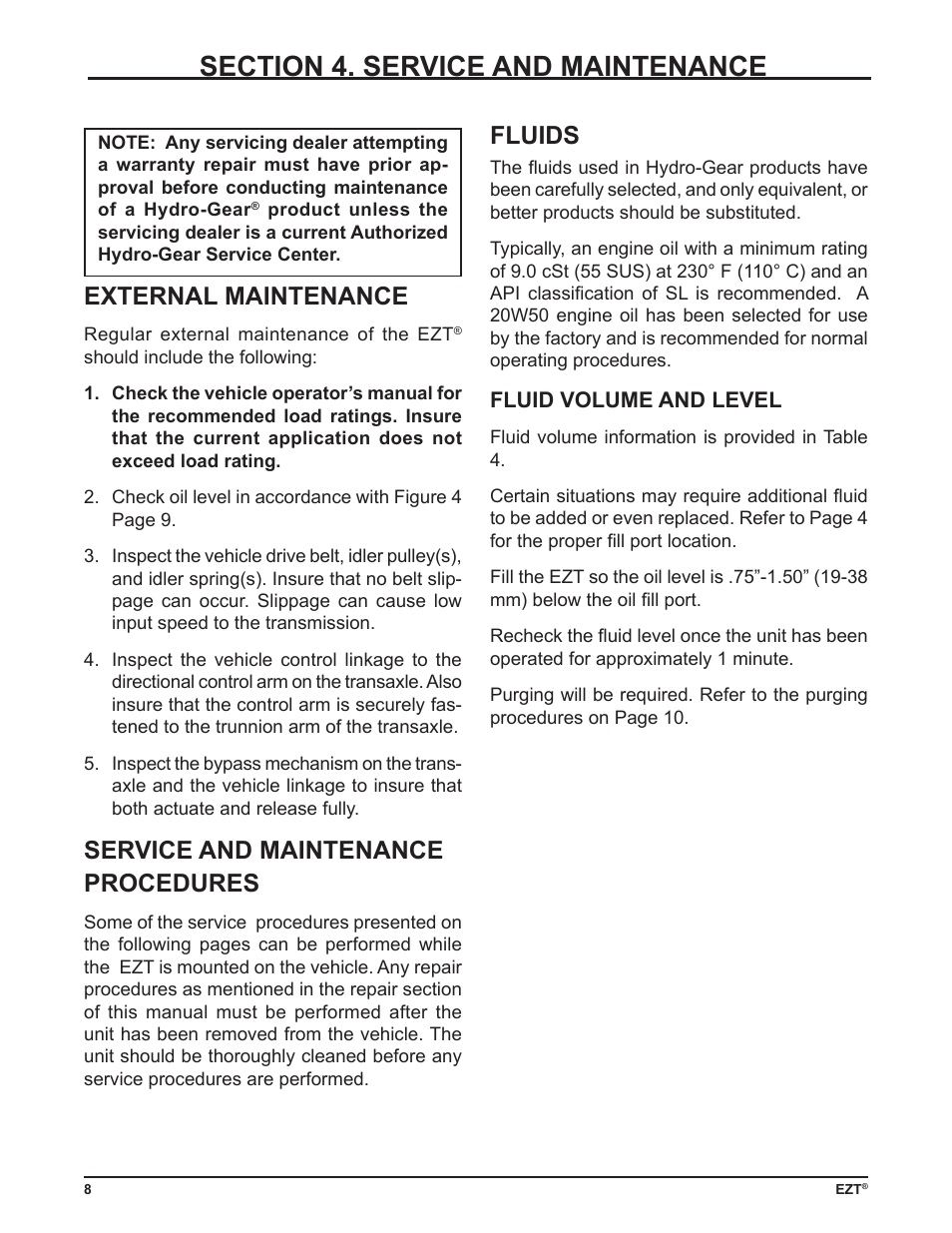 Fluids, External maintenance, Service and maintenance procedures | Cub Cadet ZD User Manual | Page 11 / 40