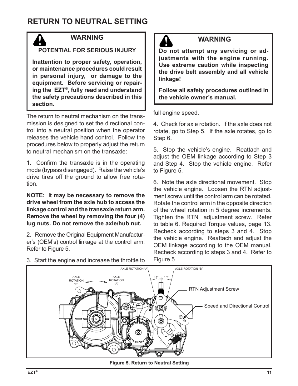 Return to neutral setting, Warning | Cub Cadet ZD User Manual | Page 14 / 40