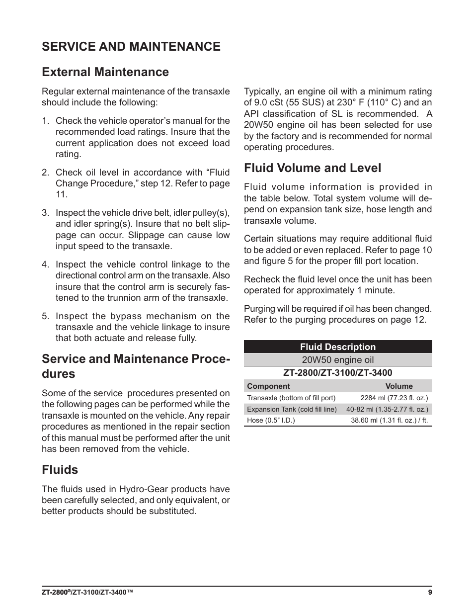 Fluid volume and level, Service and maintenance external maintenance, Service and maintenance proce- dures | Fluids | Cub Cadet ZT-3400 User Manual | Page 11 / 52