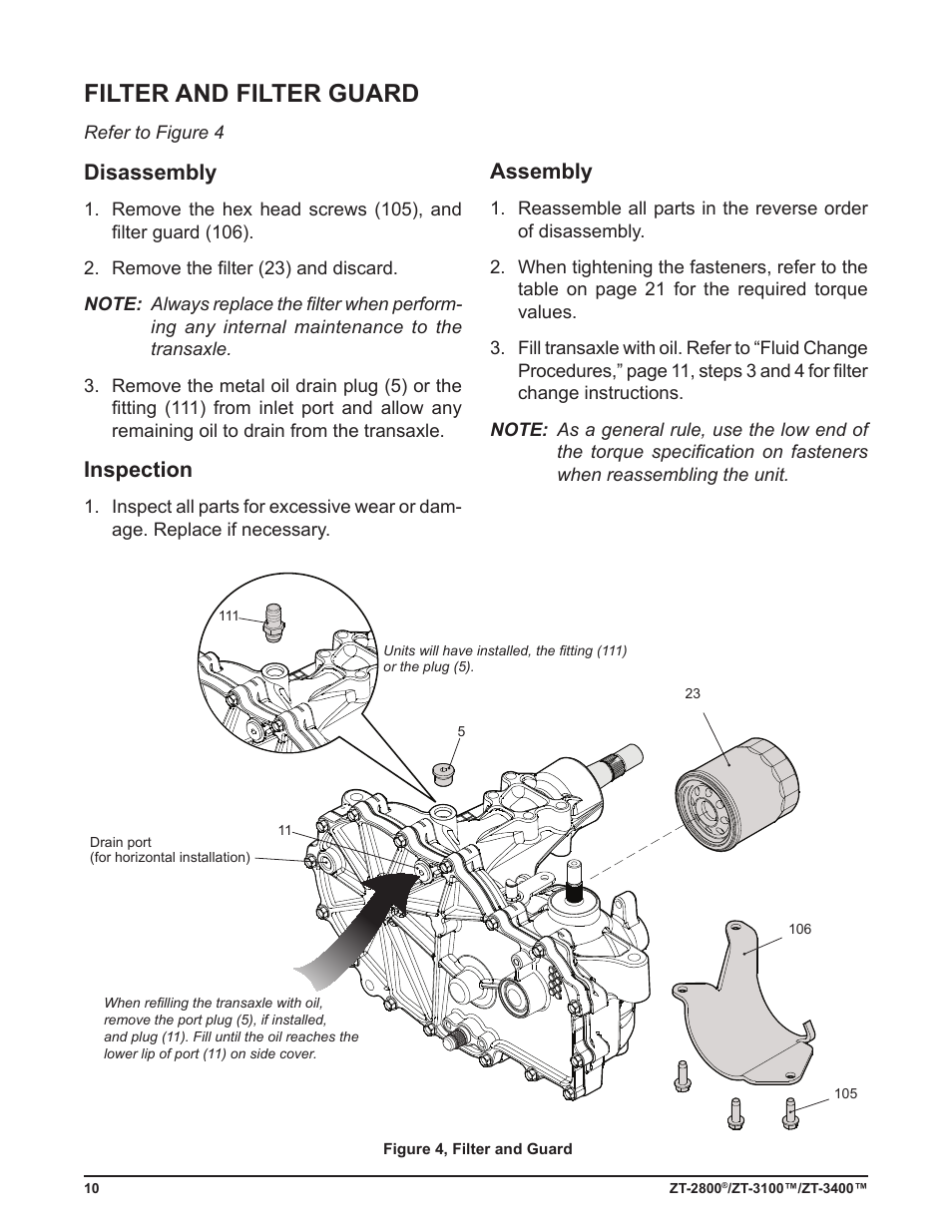 Filter and filter guard, Disassembly, Inspection | Assembly | Cub Cadet ZT-3400 User Manual | Page 12 / 52