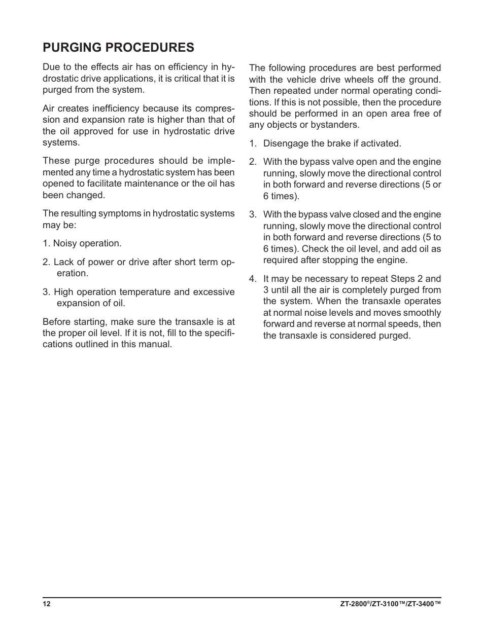 Purging procedures | Cub Cadet ZT-3400 User Manual | Page 14 / 52