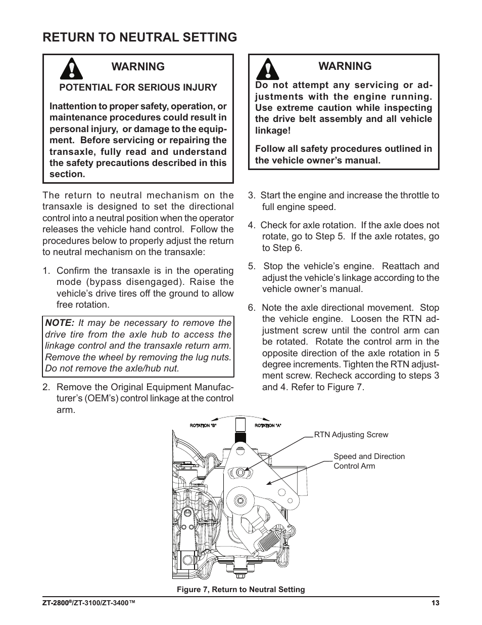 Return to neutral setting, Warning | Cub Cadet ZT-3400 User Manual | Page 15 / 52