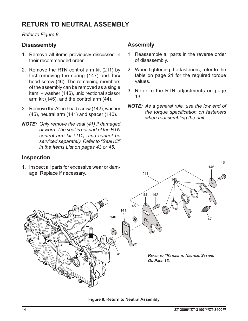 Return to neutral assembly, Disassembly, Inspection | Assembly | Cub Cadet ZT-3400 User Manual | Page 16 / 52