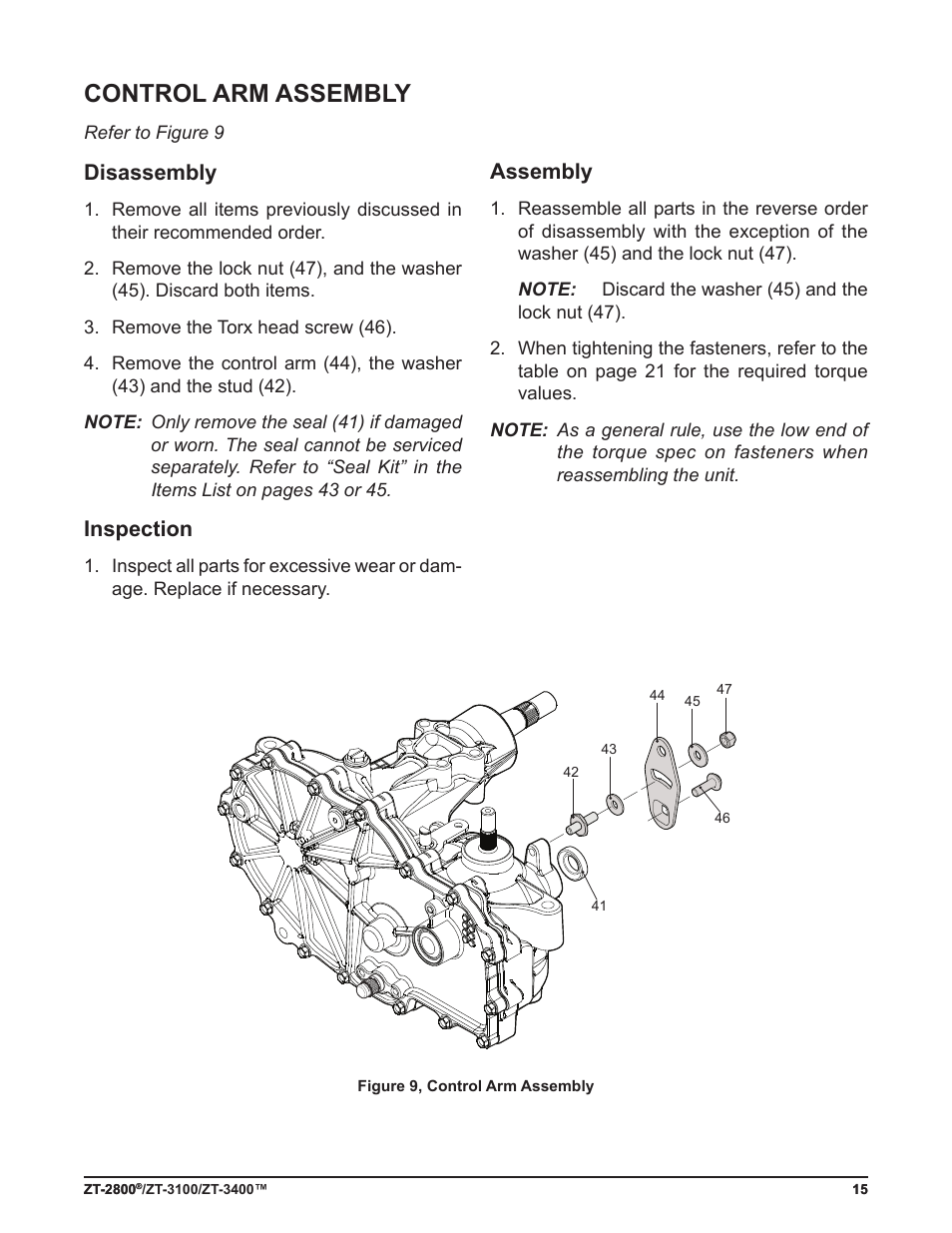 Control arm assembly, Disassembly, Inspection | Assembly | Cub Cadet ZT-3400 User Manual | Page 17 / 52