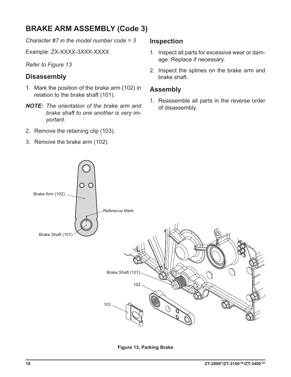 Brake arm assembly (code 3), Disassembly, Inspection | Assembly | Cub Cadet ZT-3400 User Manual | Page 20 / 52