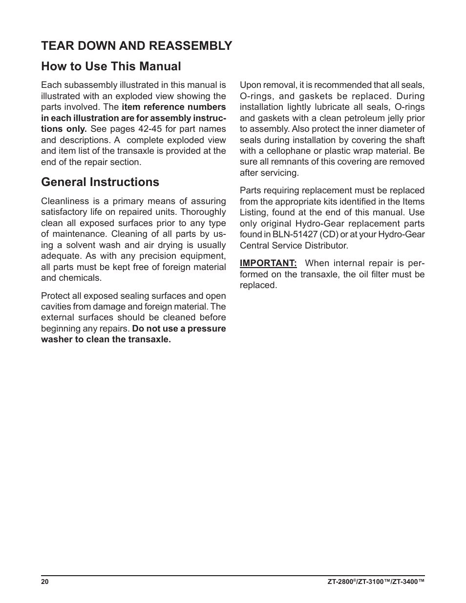 Tear down and reassembly how to use this manual, General instructions | Cub Cadet ZT-3400 User Manual | Page 22 / 52