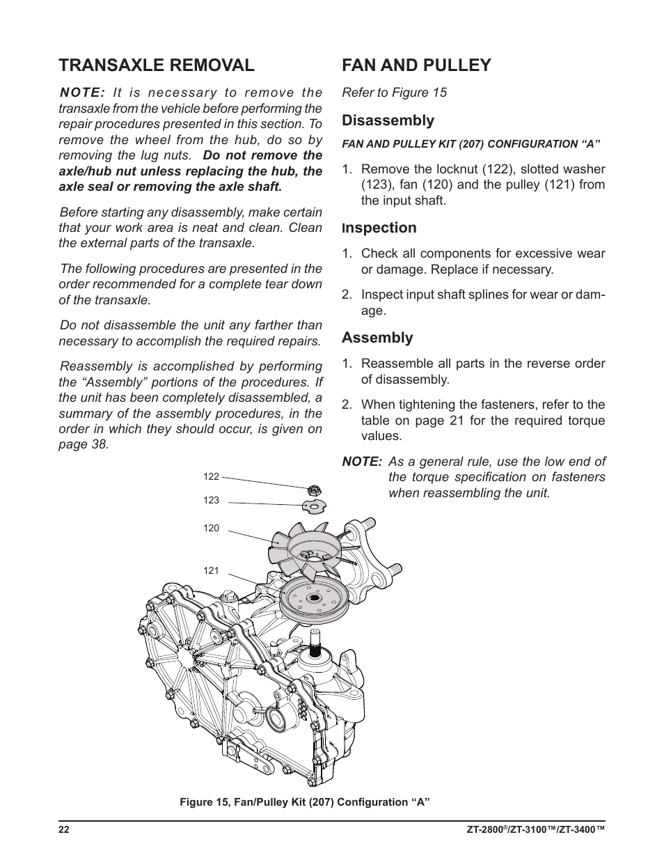 Fan and pulley, Transaxle removal, Disassembly | Nspection, Assembly | Cub Cadet ZT-3400 User Manual | Page 24 / 52