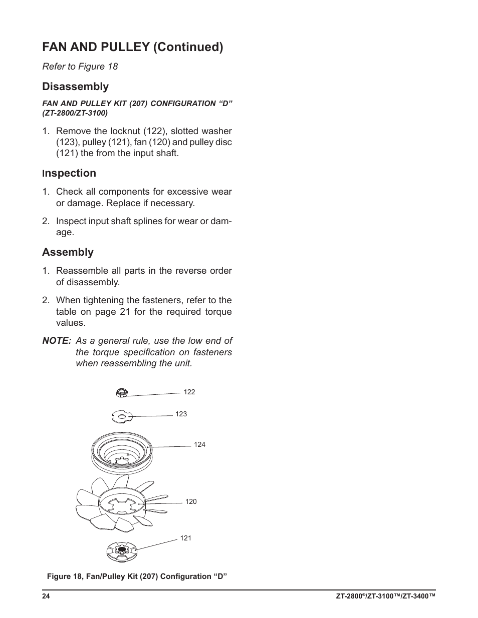 Fan and pulley (continued), Disassembly, Nspection | Assembly | Cub Cadet ZT-3400 User Manual | Page 26 / 52