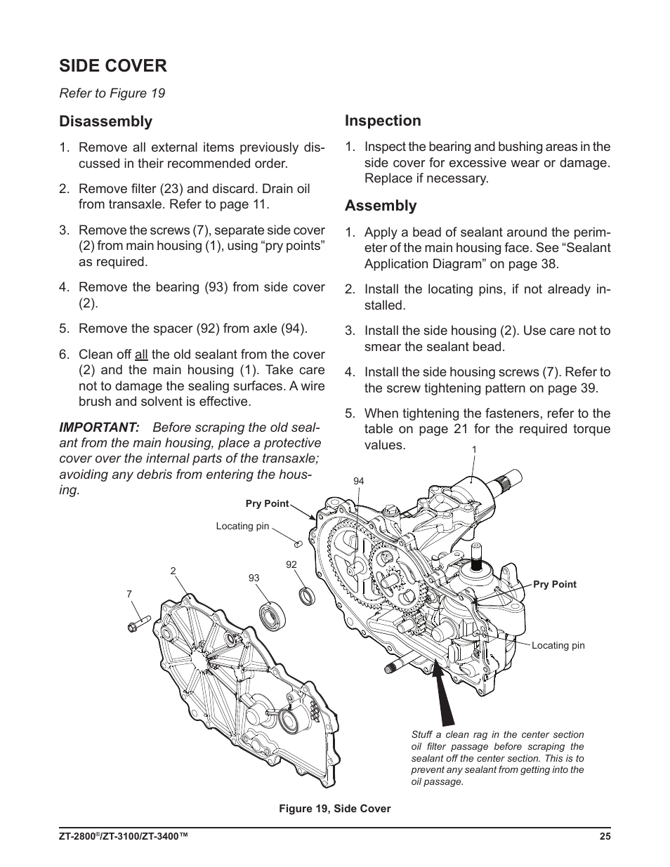 Side cover, Disassembly, Inspection | Assembly | Cub Cadet ZT-3400 User Manual | Page 27 / 52