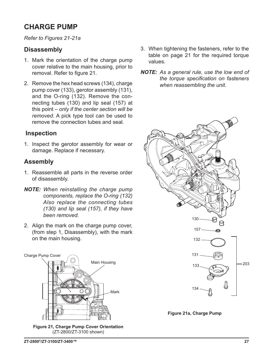 Charge pump, Disassembly, Inspection | Assembly | Cub Cadet ZT-3400 User Manual | Page 29 / 52