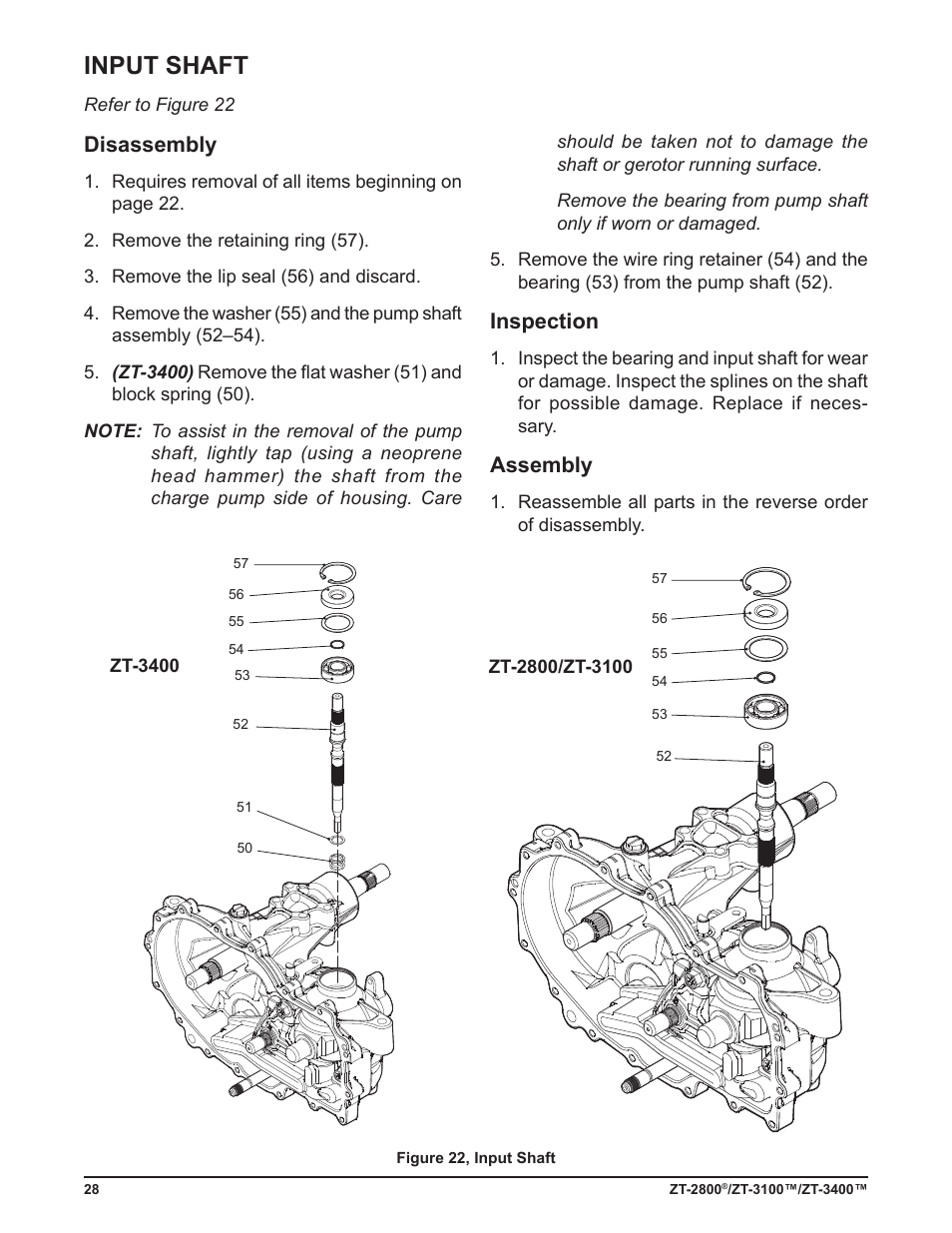 Input shaft, Disassembly, Inspection | Assembly | Cub Cadet ZT-3400 User Manual | Page 30 / 52