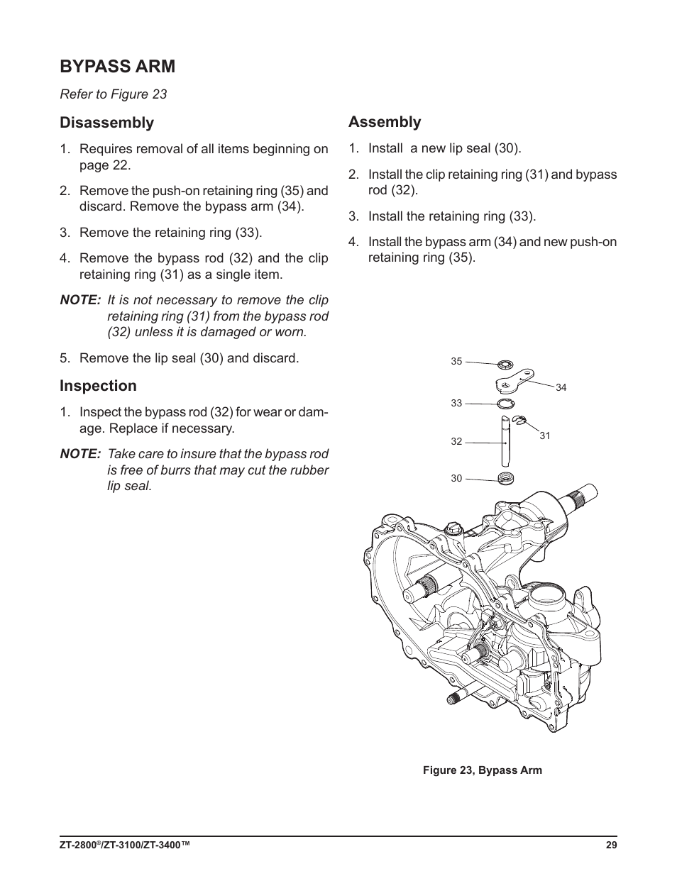 Bypass arm, Disassembly, Inspection | Assembly | Cub Cadet ZT-3400 User Manual | Page 31 / 52