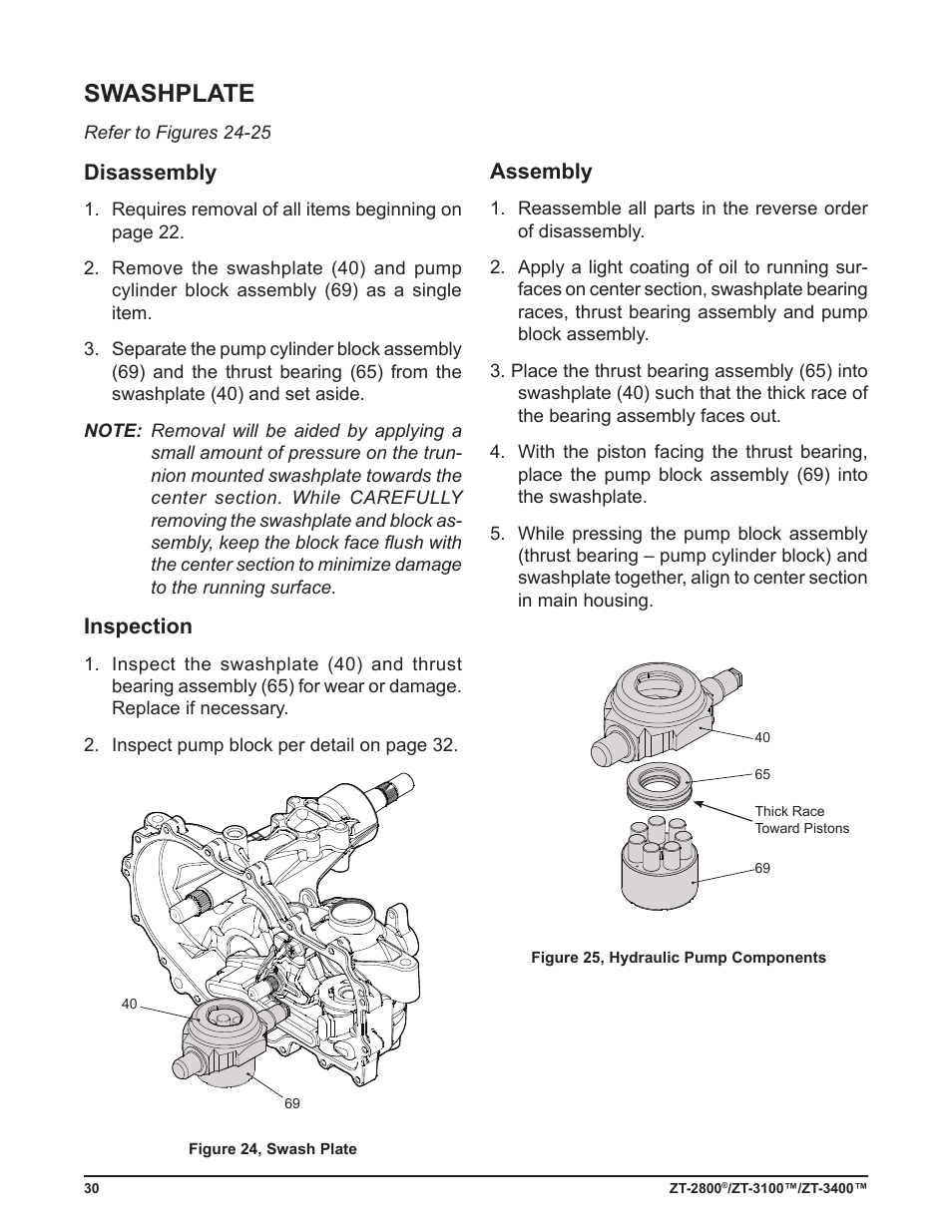 Swashplate, Disassembly, Inspection | Assembly | Cub Cadet ZT-3400 User Manual | Page 32 / 52