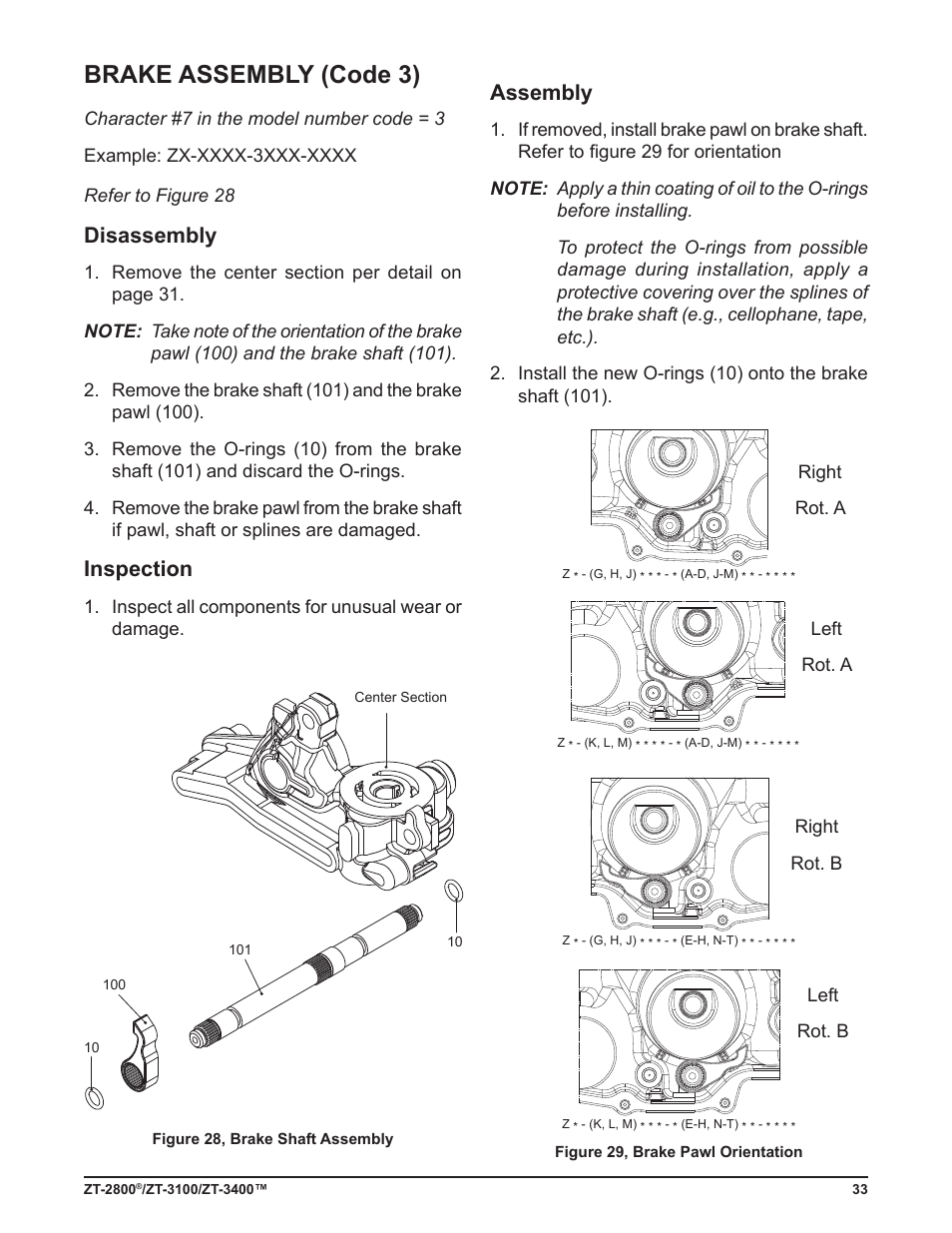 Brake assembly (code 3), Disassembly, Inspection | Assembly | Cub Cadet ZT-3400 User Manual | Page 35 / 52