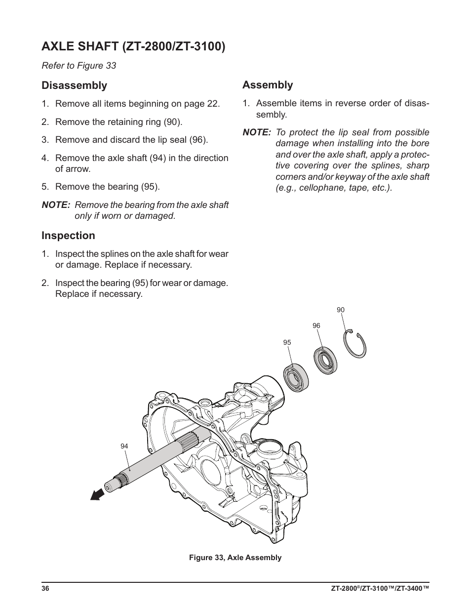 Disassembly, Inspection, Assembly | Cub Cadet ZT-3400 User Manual | Page 38 / 52