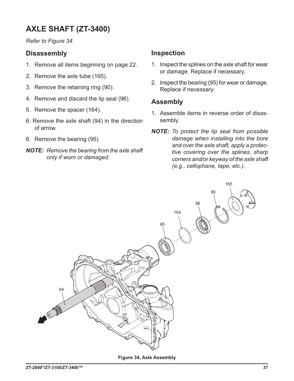 Axle shaft (zt-3400), Disassembly, Inspection | Assembly | Cub Cadet ZT-3400 User Manual | Page 39 / 52