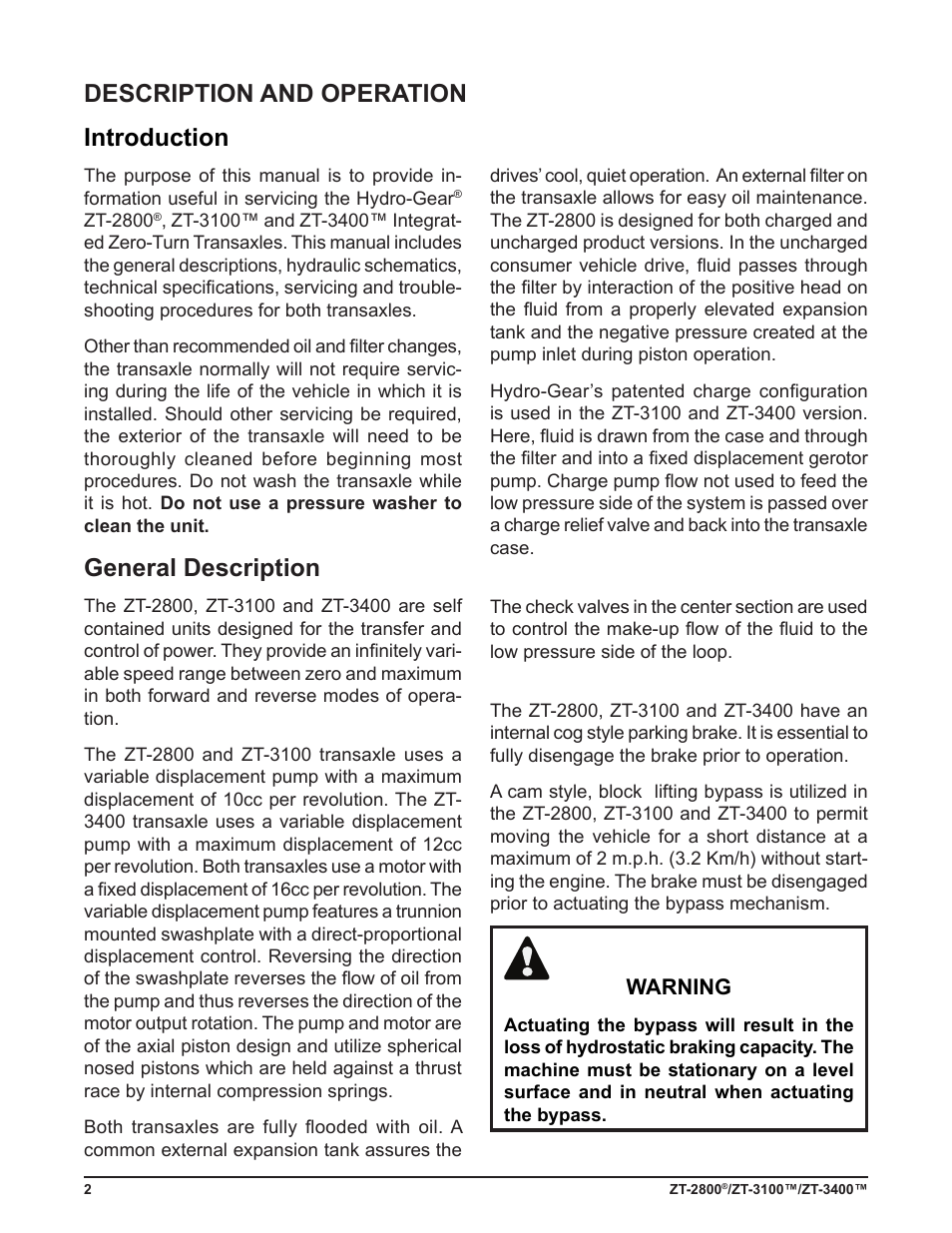 Introduction, General description, Description and operation | Cub Cadet ZT-3400 User Manual | Page 4 / 52