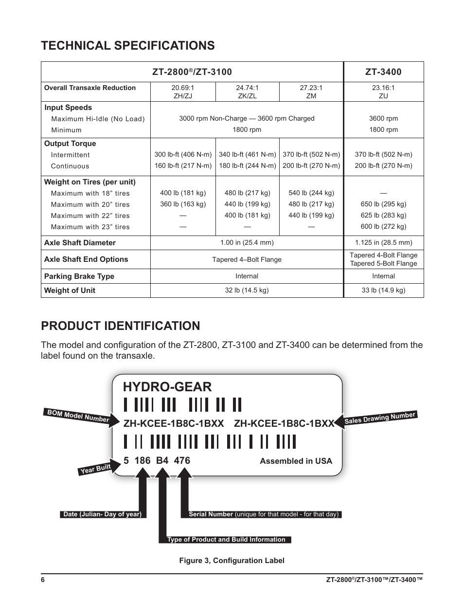 Hydro-gear, Product identification, Technical specifications | Cub Cadet ZT-3400 User Manual | Page 8 / 52