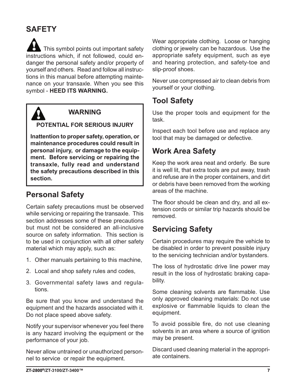 Personal safety, Tool safety, Work area safety | Servicing safety, Safety | Cub Cadet ZT-3400 User Manual | Page 9 / 52