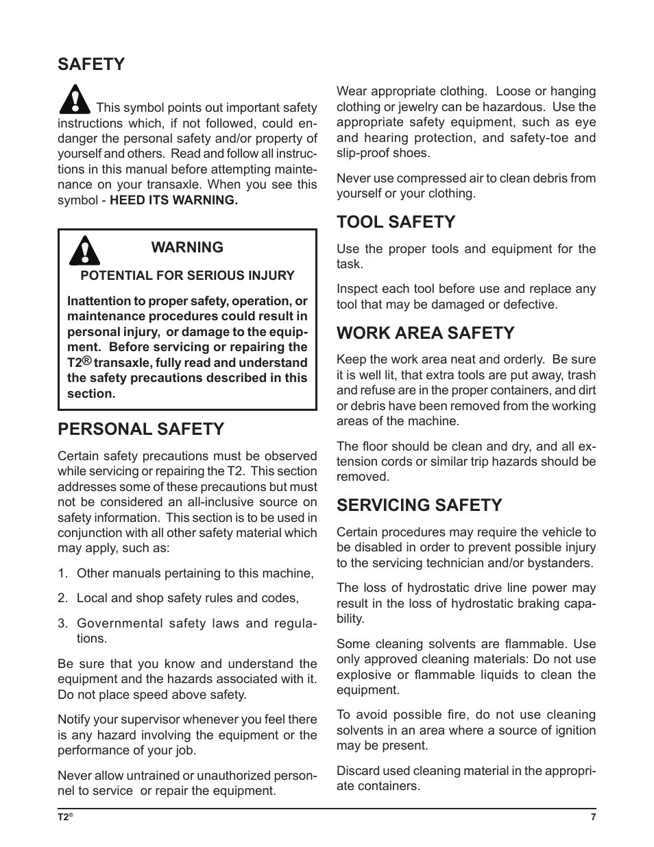 Personal safety, Tool safety, Work area safety | Servicing safety, Safety | Cub Cadet T2-HP User Manual | Page 11 / 48