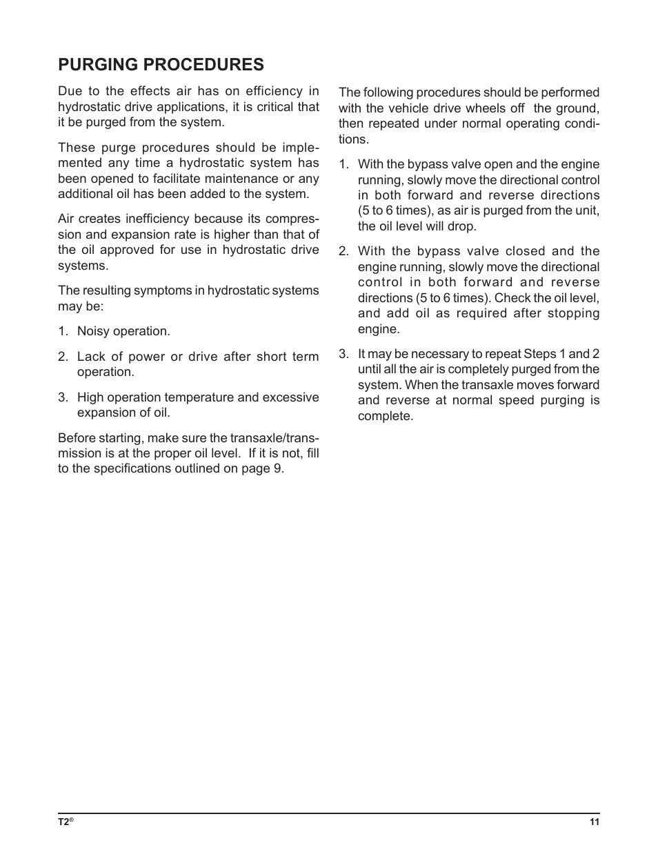 Purging procedures | Cub Cadet T2-HP User Manual | Page 15 / 48