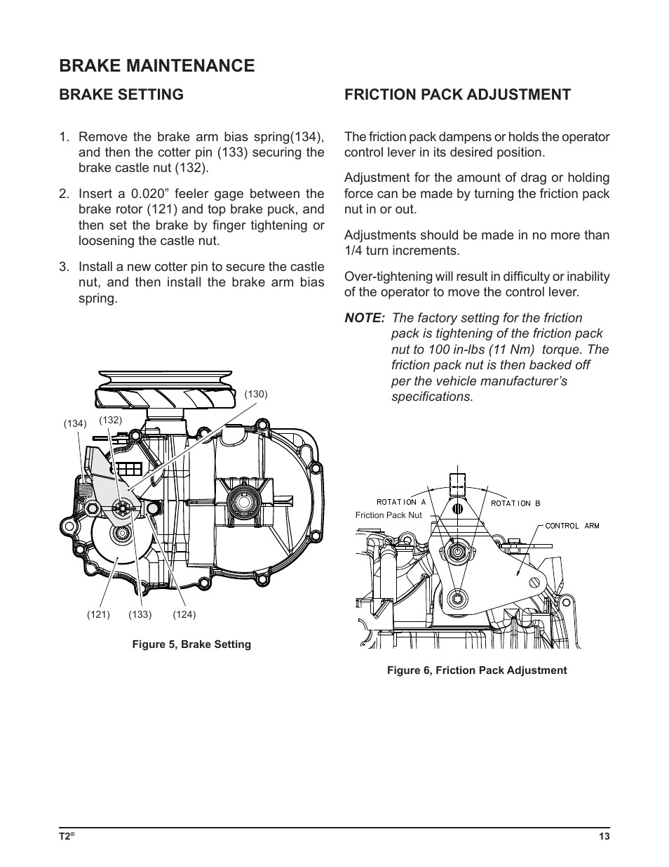 Brake maintenance, Brake setting, Friction pack adjustment | Cub Cadet T2-HP User Manual | Page 17 / 48