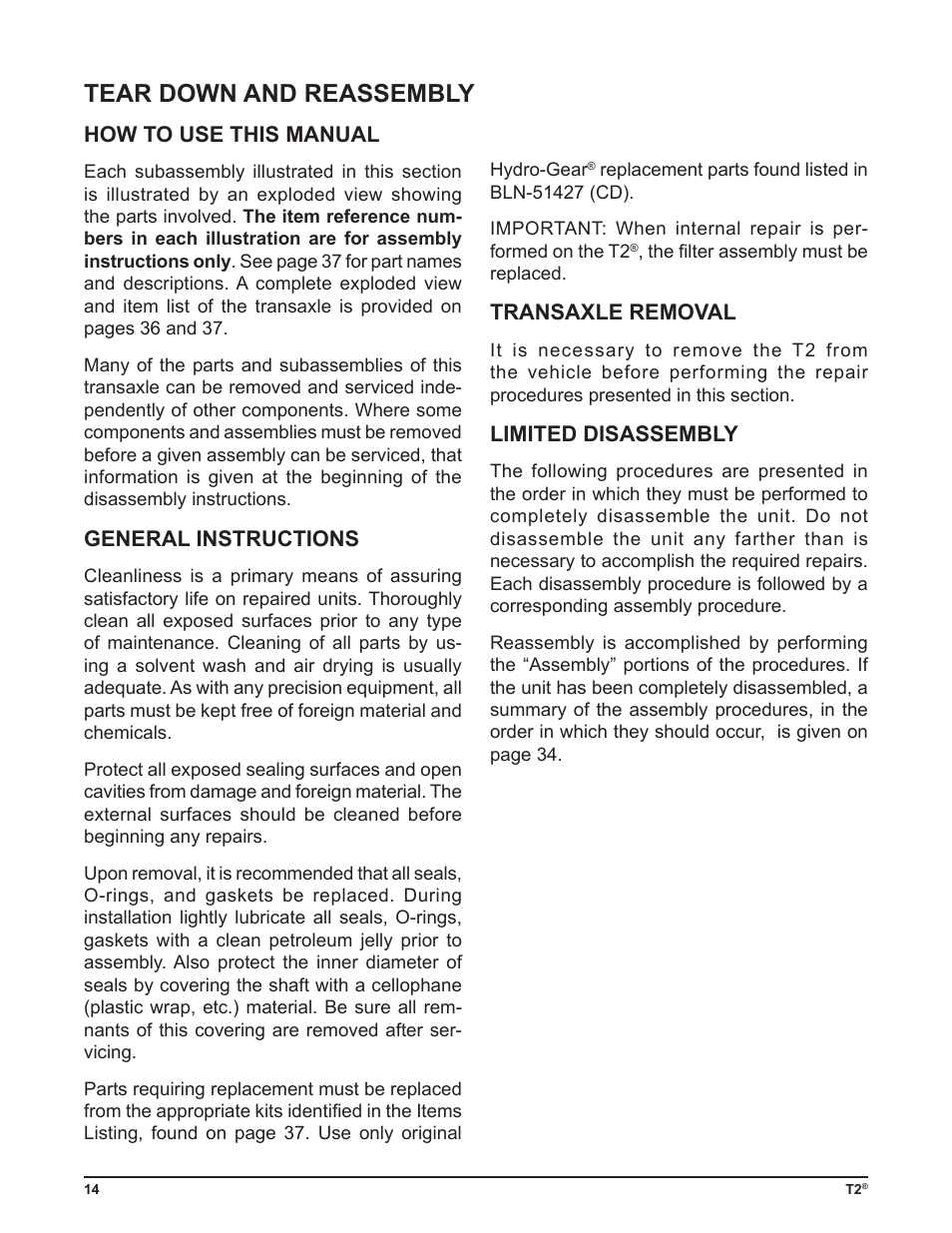 Tear down and reassembly | Cub Cadet T2-HP User Manual | Page 18 / 48