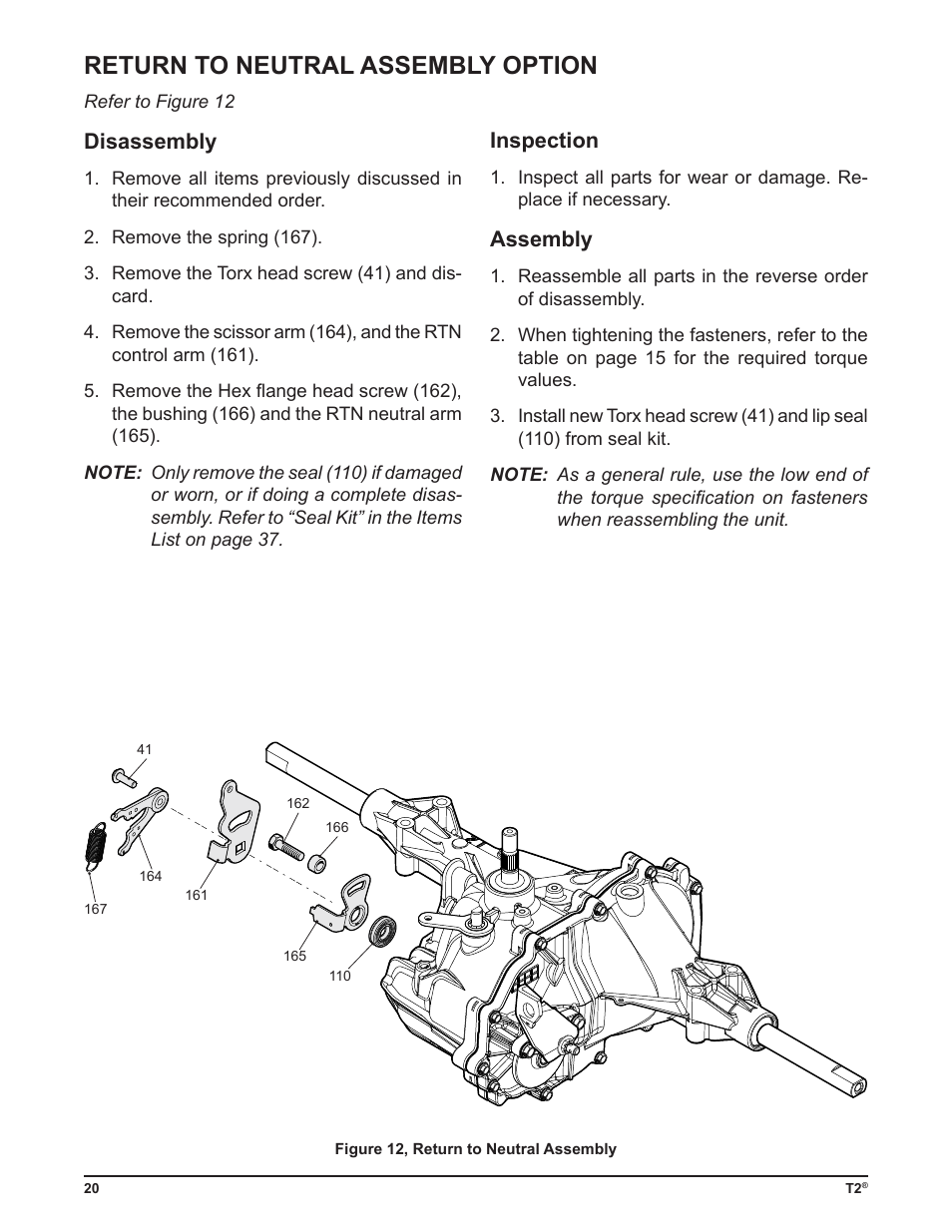 Return to neutral assembly option, Disassembly, Inspection | Assembly | Cub Cadet T2-HP User Manual | Page 24 / 48