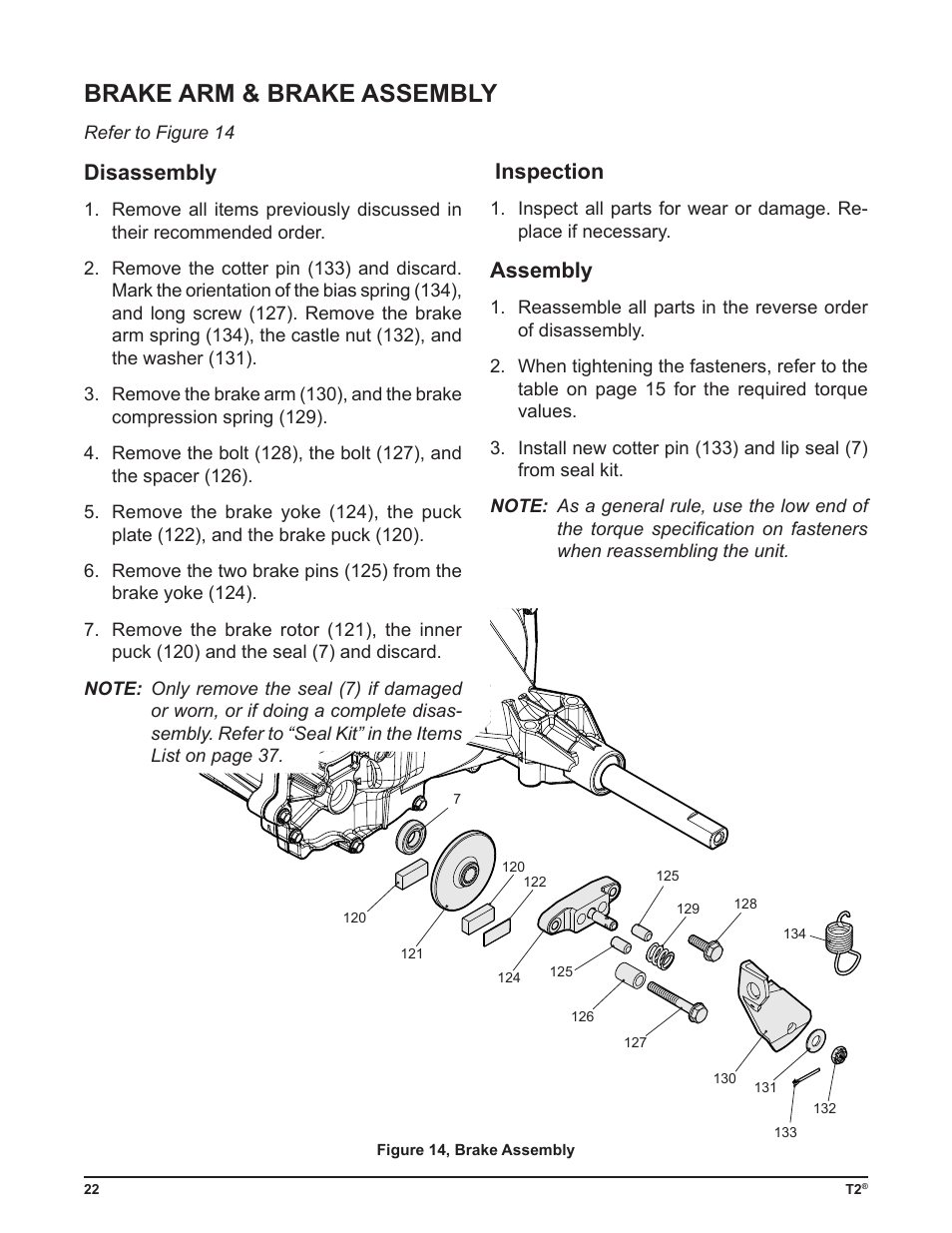 Brake arm & brake assembly, Disassembly, Inspection | Assembly | Cub Cadet T2-HP User Manual | Page 26 / 48