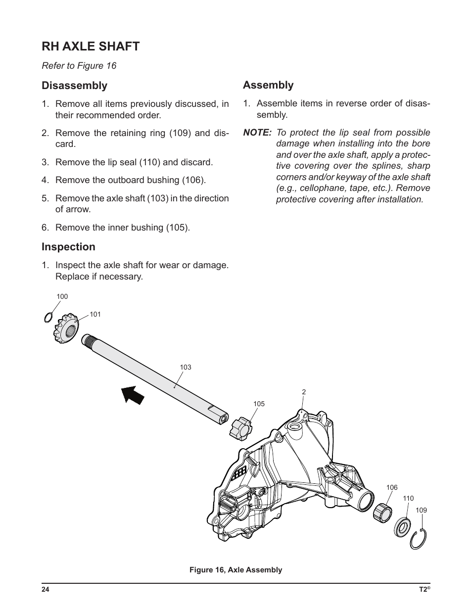 Rh axle shaft, Disassembly, Inspection | Assembly | Cub Cadet T2-HP User Manual | Page 28 / 48