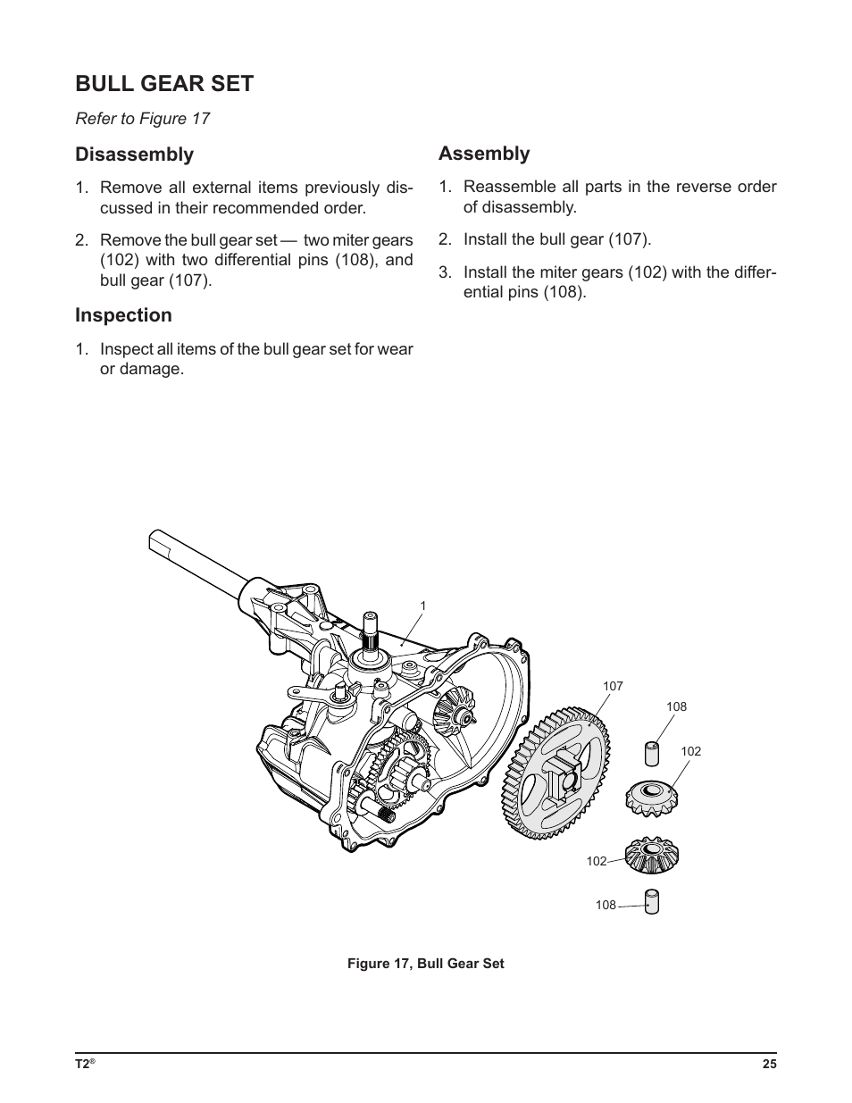 Bull gear set, Disassembly, Inspection | Assembly | Cub Cadet T2-HP User Manual | Page 29 / 48