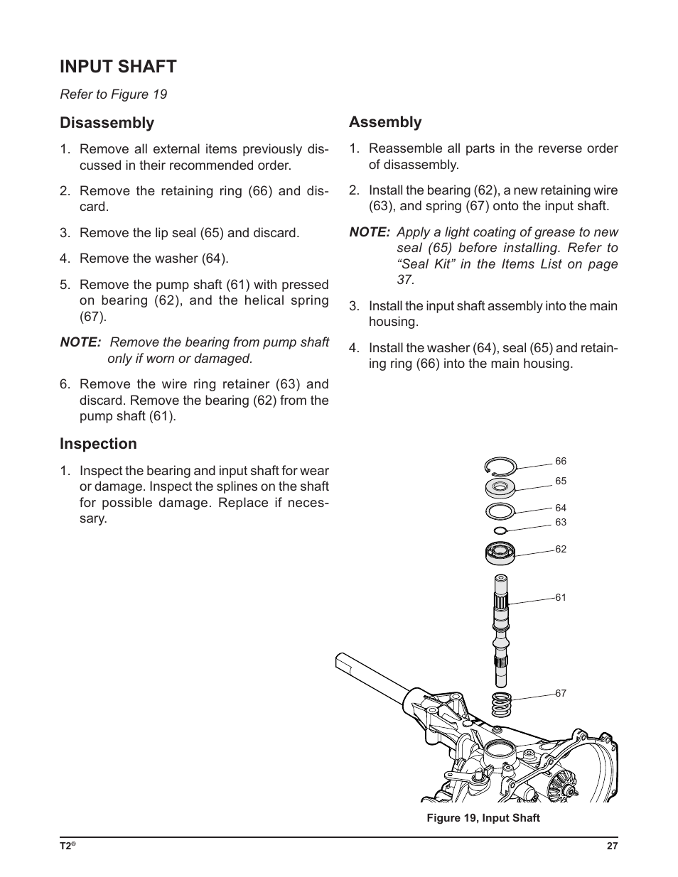 Input shaft, Disassembly, Inspection | Assembly | Cub Cadet T2-HP User Manual | Page 31 / 48