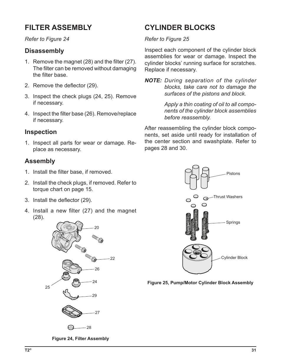 Filter assembly, Cylinder blocks, Disassembly | Inspection, Assembly | Cub Cadet T2-HP User Manual | Page 35 / 48