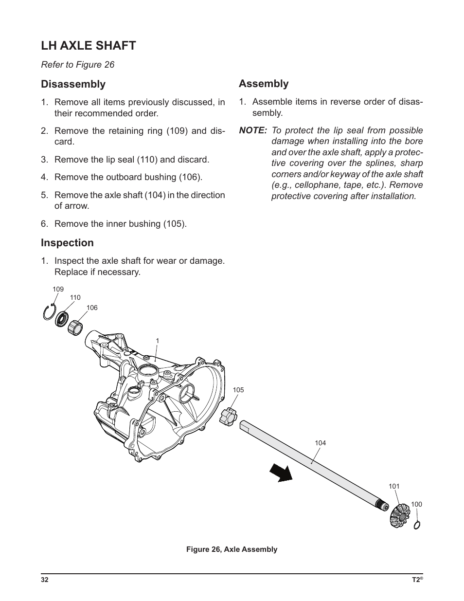 Lh axle shaft, Disassembly, Inspection | Assembly | Cub Cadet T2-HP User Manual | Page 36 / 48