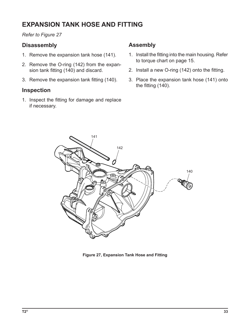 Expansion tank hose and fitting, Disassembly, Inspection | Assembly | Cub Cadet T2-HP User Manual | Page 37 / 48