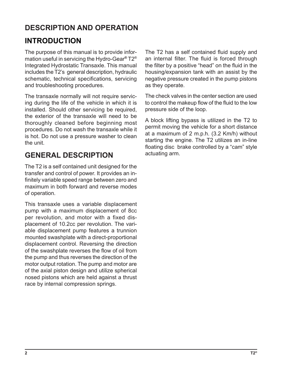 Introduction, General description, Description and operation | Cub Cadet T2-HP User Manual | Page 6 / 48