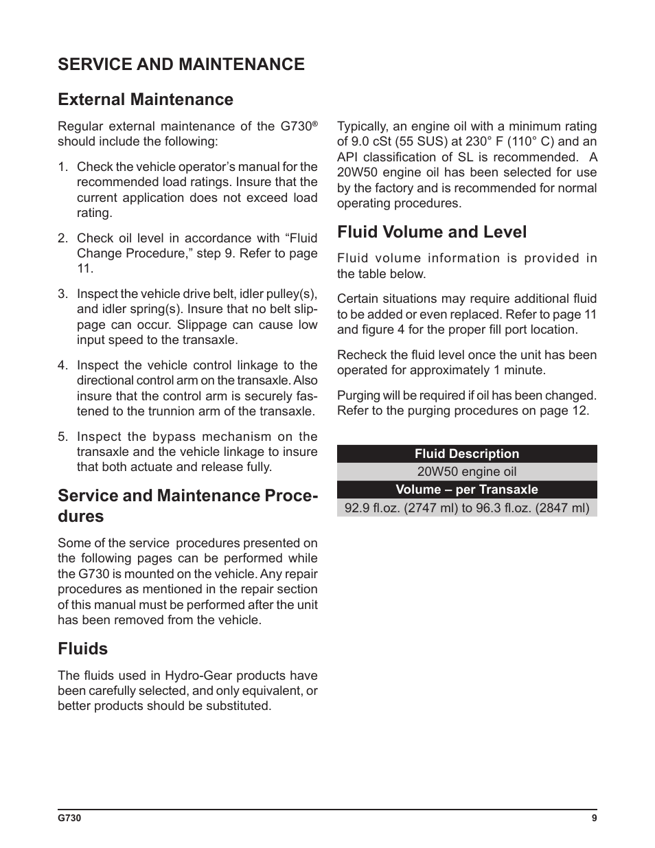 Fluid volume and level, Service and maintenance external maintenance, Service and maintenance proce- dures | Fluids | Cub Cadet G730 User Manual | Page 11 / 48