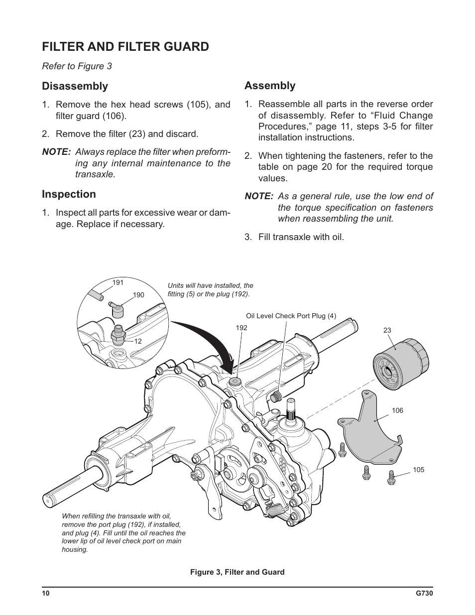Filter and filter guard, Disassembly, Inspection | Assembly | Cub Cadet G730 User Manual | Page 12 / 48