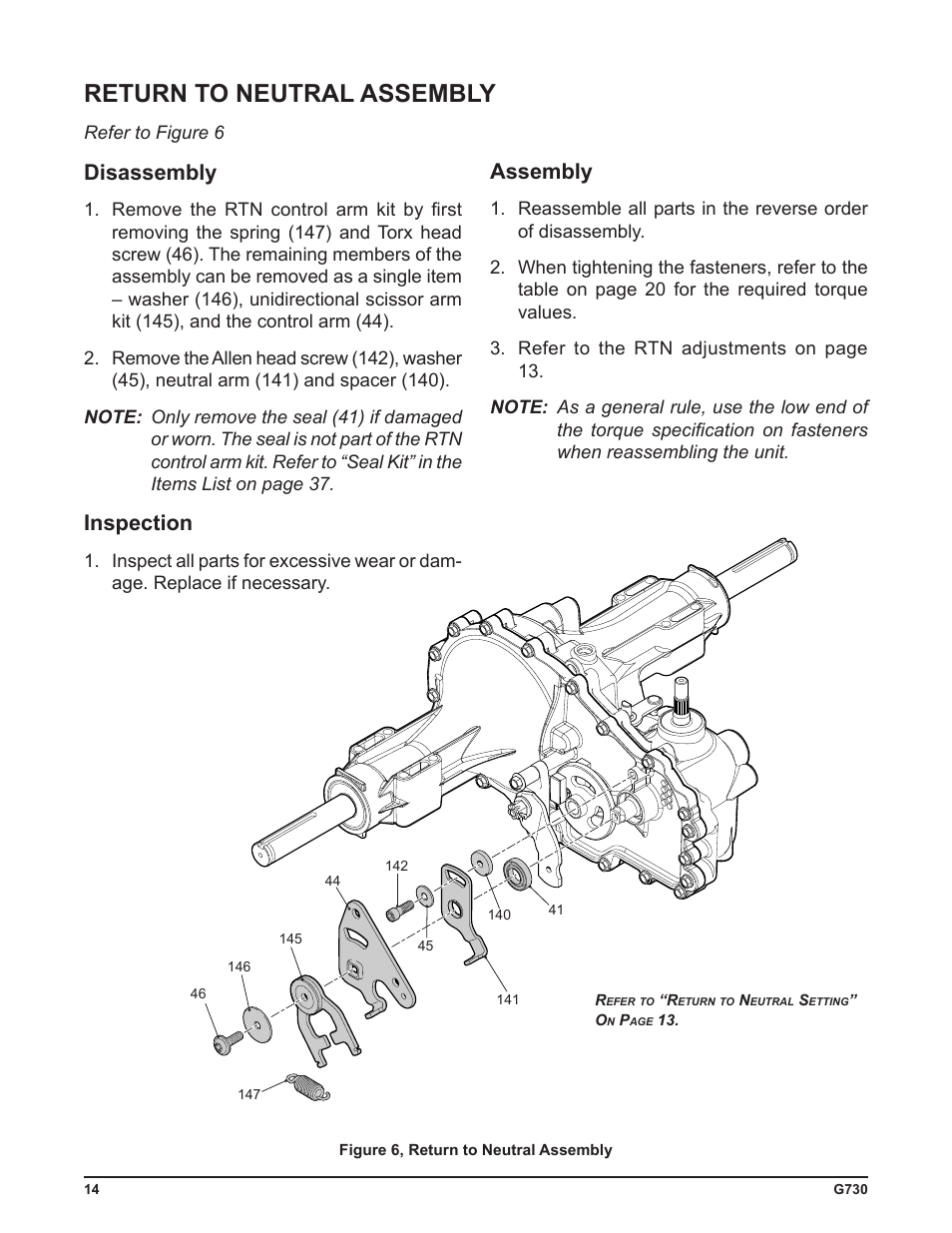 Return to neutral assembly, Disassembly, Inspection | Assembly | Cub Cadet G730 User Manual | Page 16 / 48