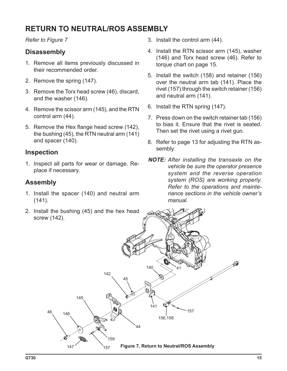 Return to neutral/ros assembly, Disassembly, Inspection | Assembly | Cub Cadet G730 User Manual | Page 17 / 48