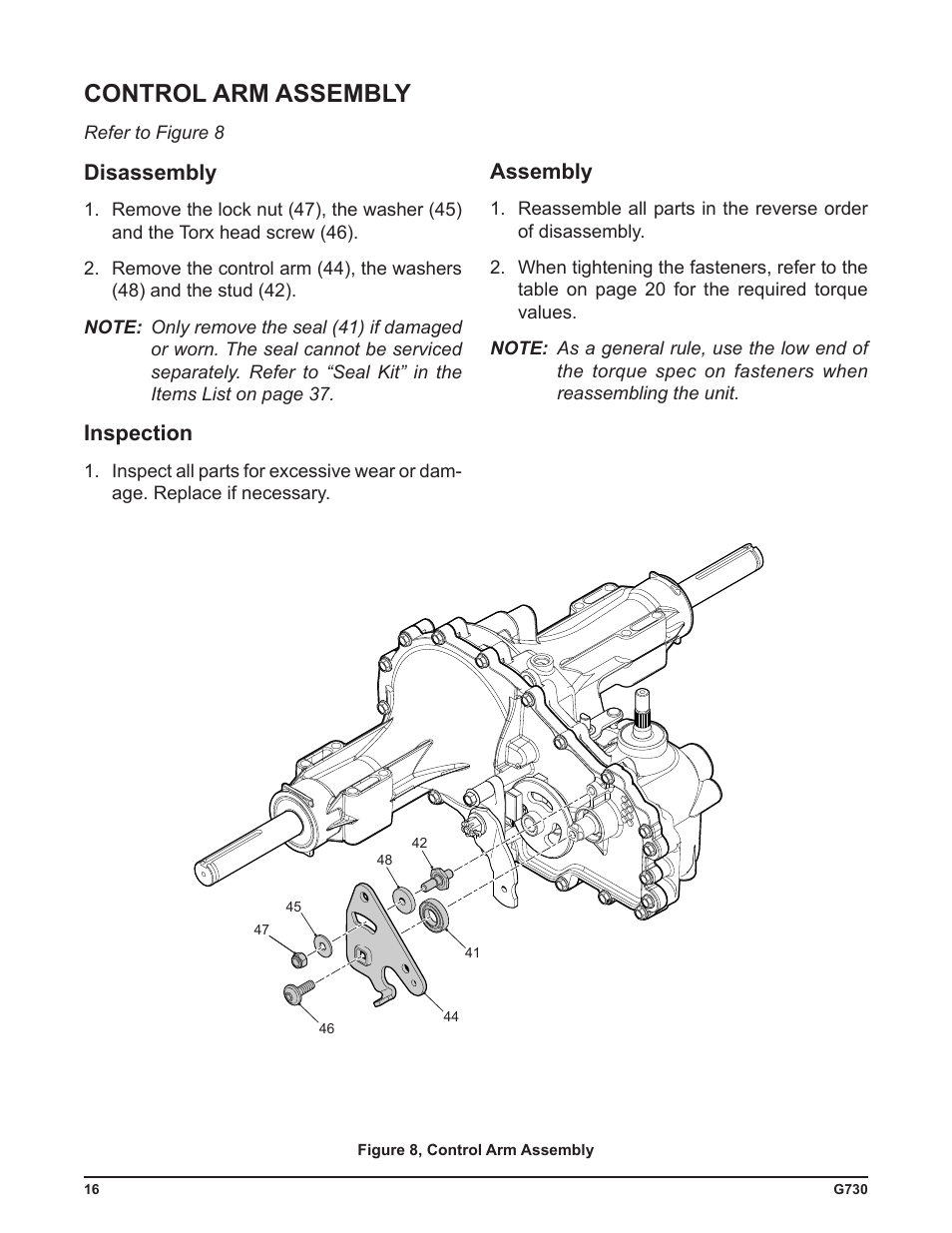 Control arm assembly, Disassembly, Inspection | Assembly | Cub Cadet G730 User Manual | Page 18 / 48