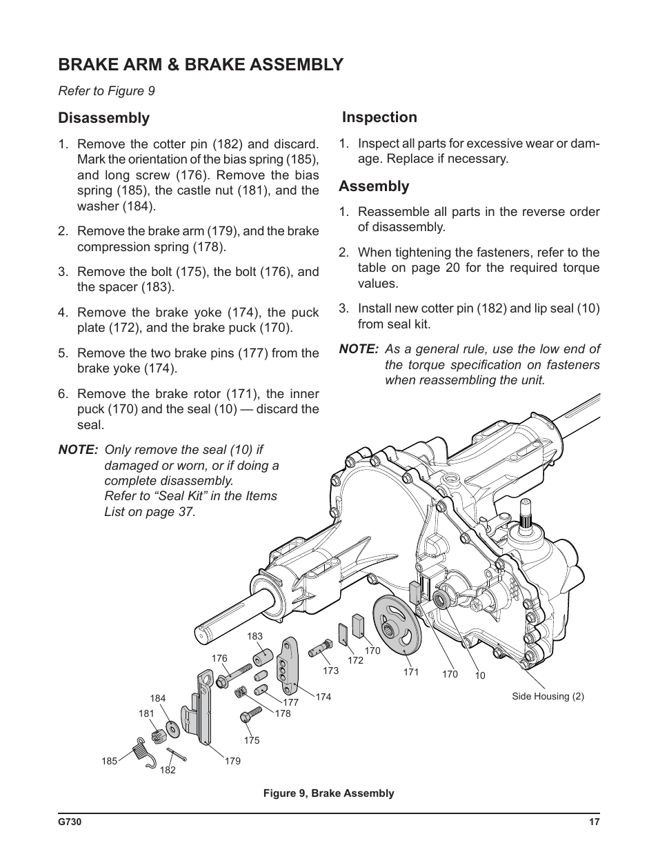 Brake arm & brake assembly, Disassembly, Inspection | Assembly | Cub Cadet G730 User Manual | Page 19 / 48