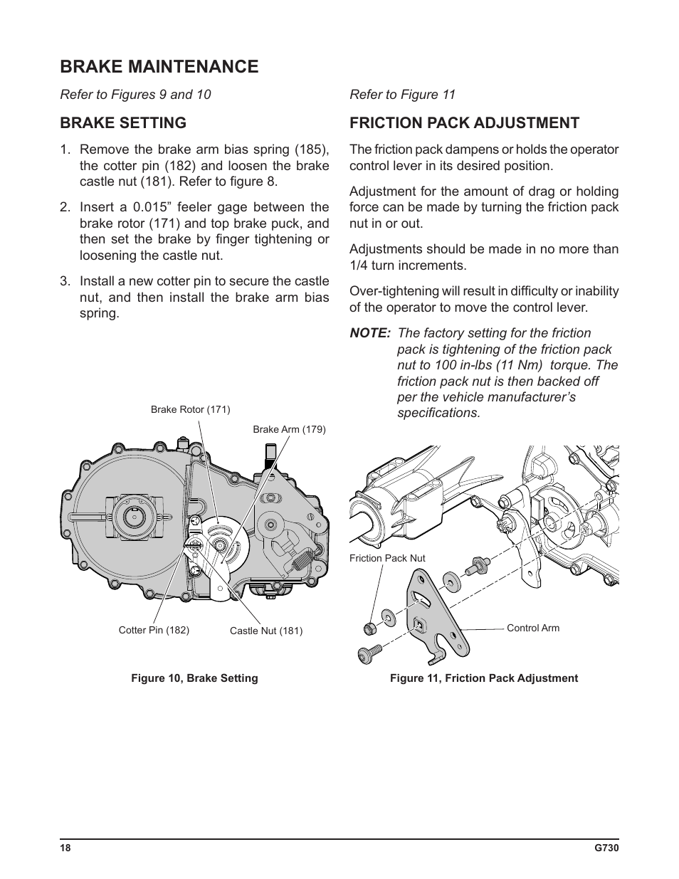 Brake maintenance, Brake setting, Friction pack adjustment | Cub Cadet G730 User Manual | Page 20 / 48
