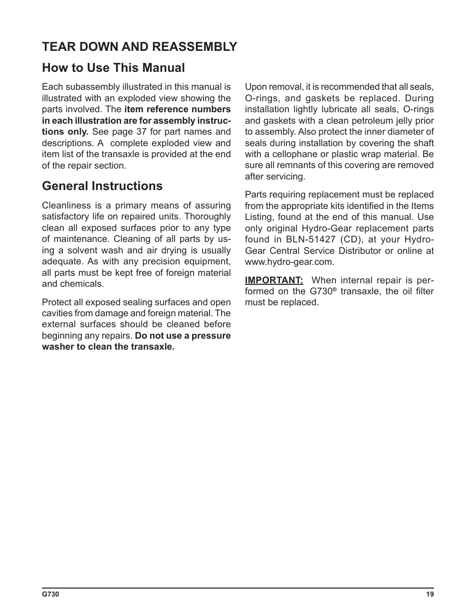 Tear down and reassembly how to use this manual, General instructions | Cub Cadet G730 User Manual | Page 21 / 48