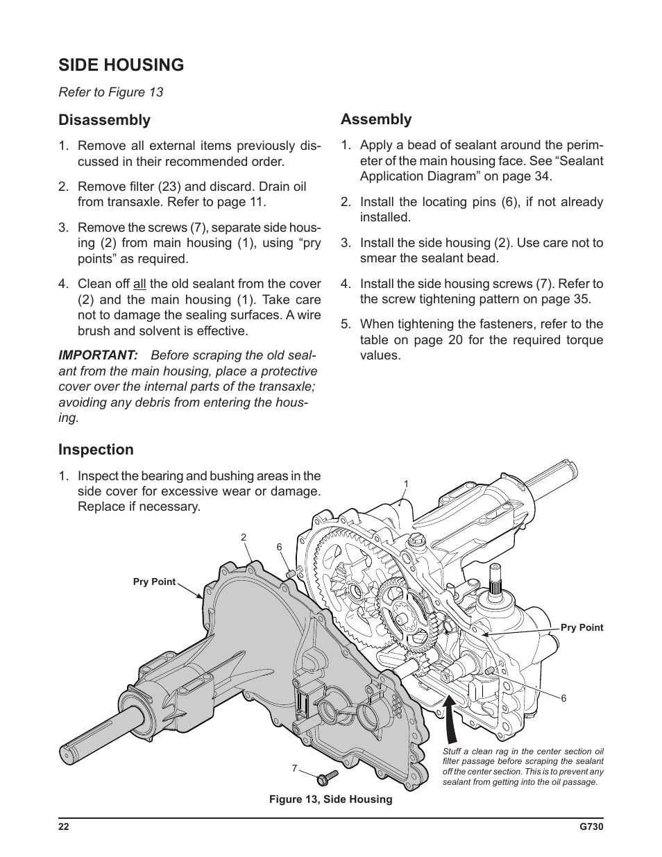 Side housing, Disassembly, Assembly | Inspection | Cub Cadet G730 User Manual | Page 24 / 48