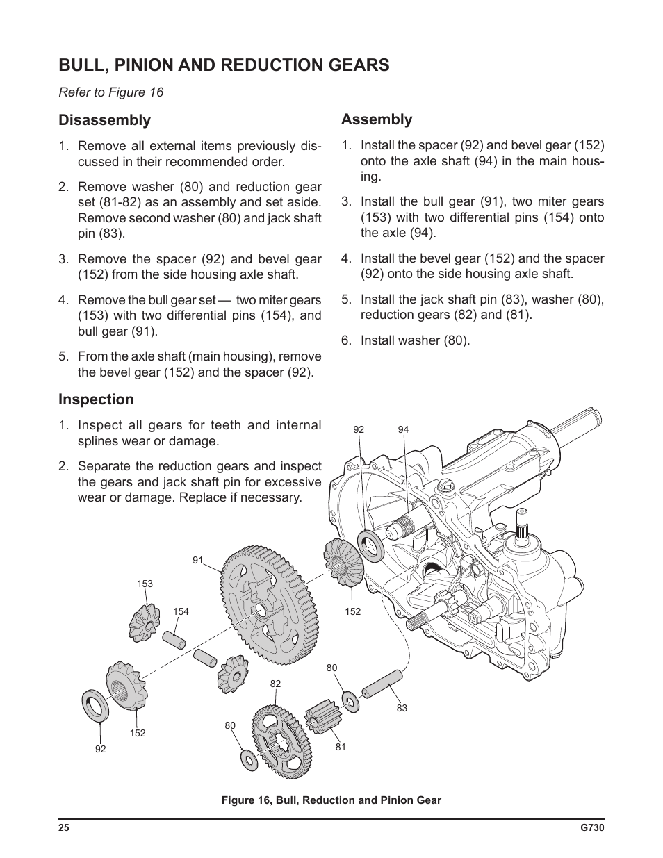 Bull, pinion and reduction gears, Disassembly, Inspection | Assembly | Cub Cadet G730 User Manual | Page 27 / 48