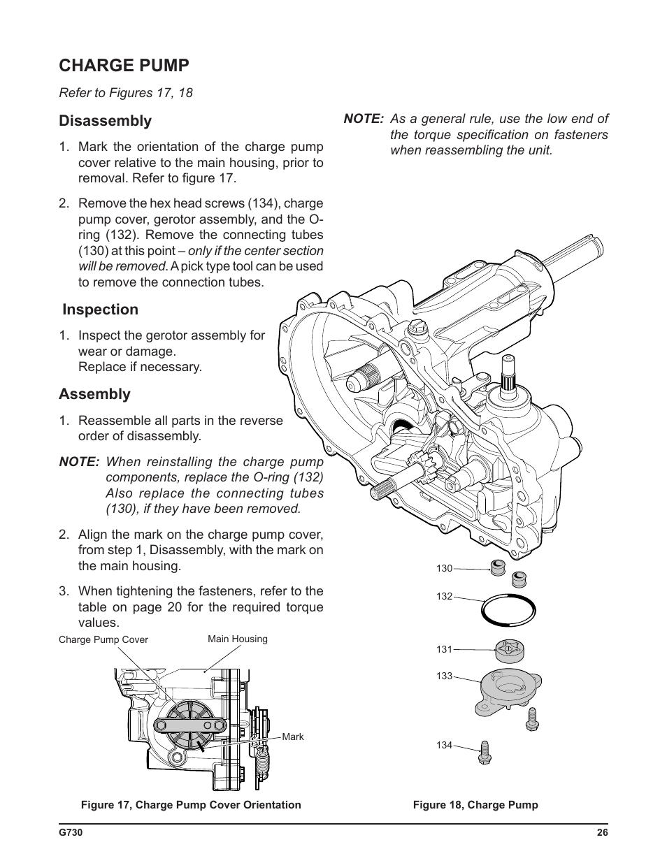 Charge pump, Disassembly, Inspection | Assembly | Cub Cadet G730 User Manual | Page 28 / 48