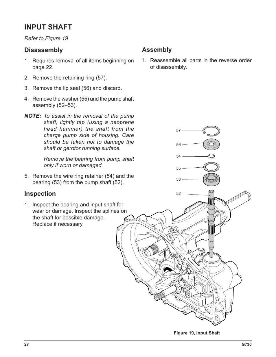 Input shaft, Disassembly, Inspection | Assembly | Cub Cadet G730 User Manual | Page 29 / 48
